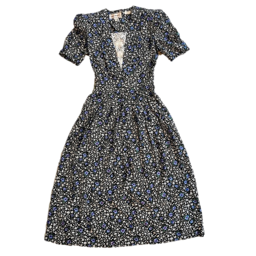 Karin Stevens vintage floral midi dress, lace inlay, size 10 EUC